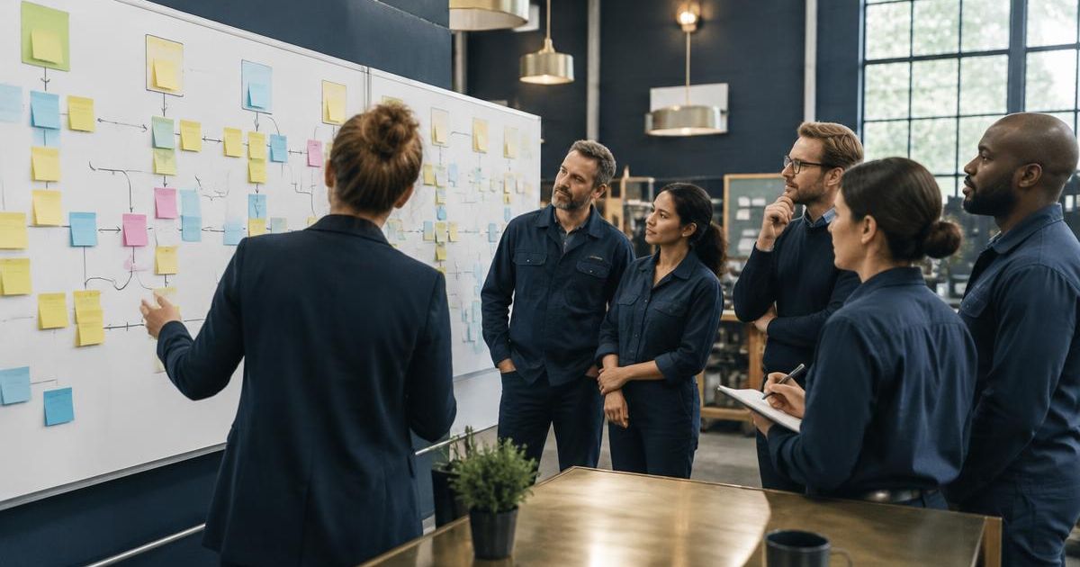 Moderierter Workshop an einer Prozesswand mit Mitarbeitenden aus mehreren Bereichen