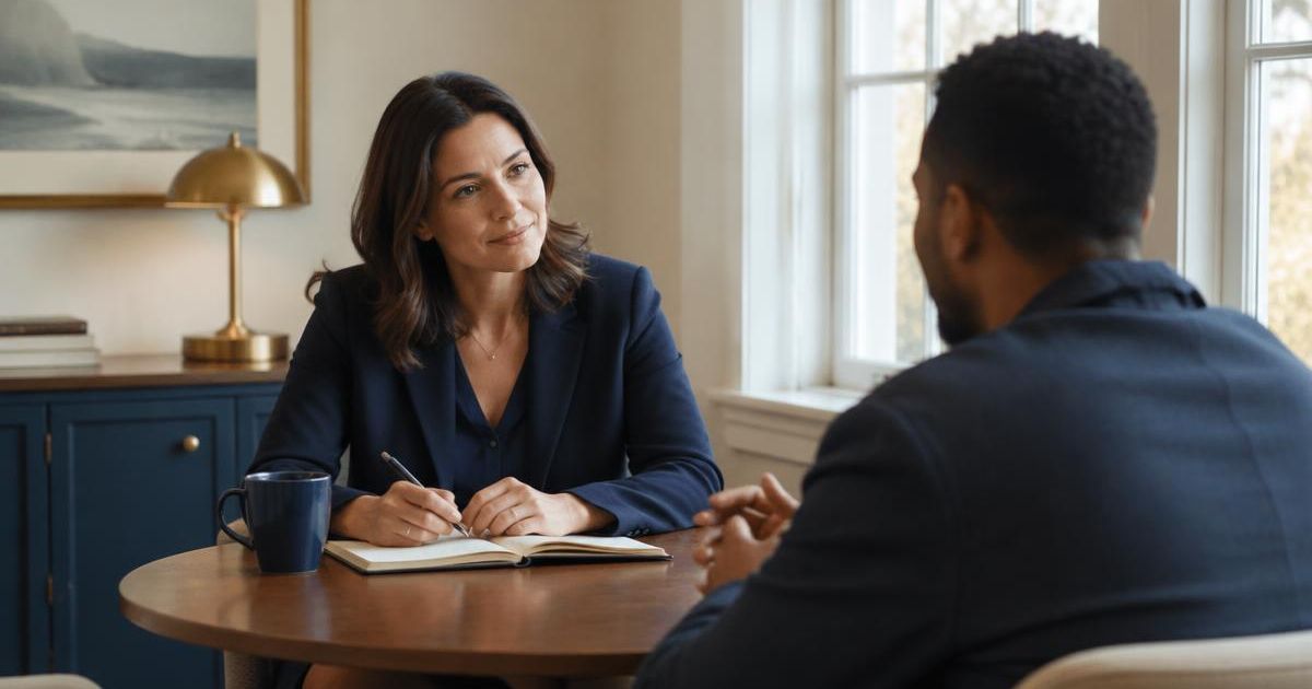 Vertrauliches Coachinggespräch zu zweit an einem Tisch